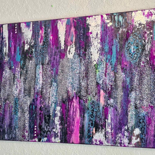 Purple Teal Abstract Glitter Glam Painting, Pretty Abstract Wall Art, Acrylic Handmade Wall Art, Purple Decor, Teal Decor, Southern