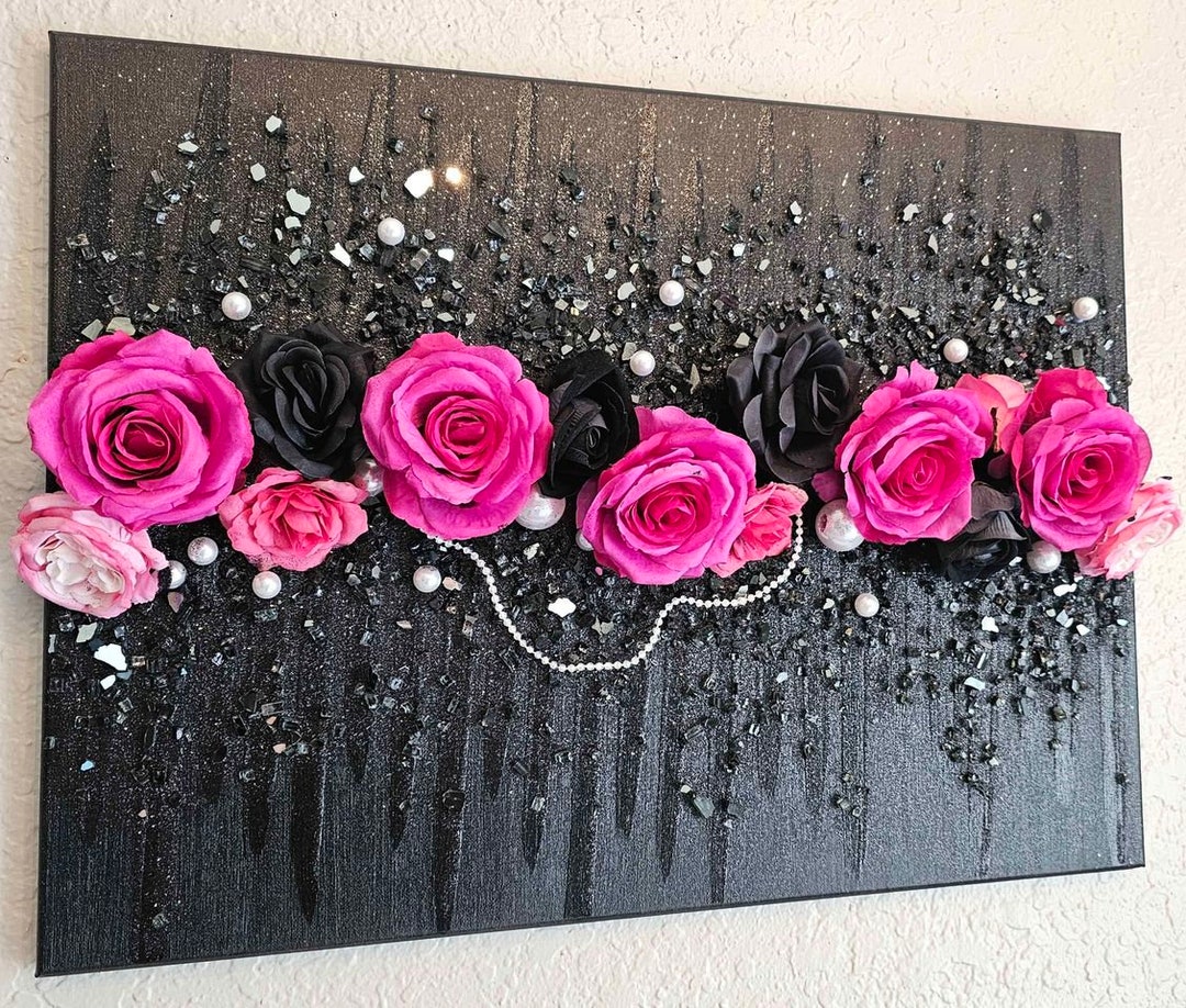 Vanity Flaunt Beautiful Rose Glass Painting, Pink Black Wall Art
