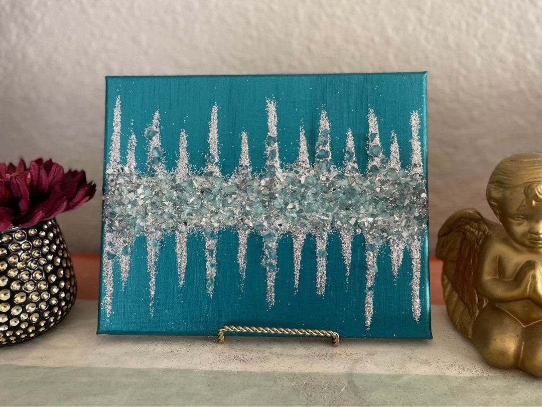 Teal & Silver Glam Canvas Glitter Painting Glass Painting Etsy