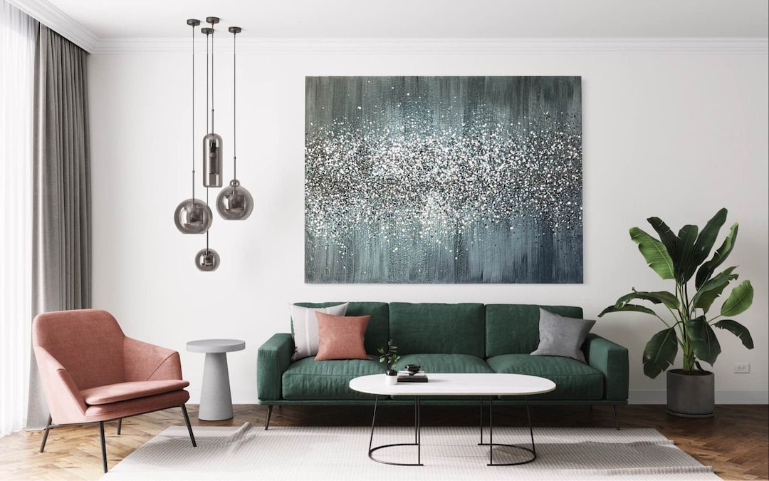 Glitter Gray Painting, Glass Wall Art, Silver Glitter Art, Gray Silver