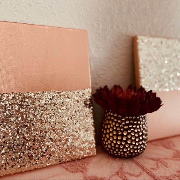 Rose Gold Glam Set Small Glam Set, Glitter Paintings, Rose Gold Decor, Shelf Decor, Glitter Art, Glam Decor, Pink Decor, Rose Gold Paintings