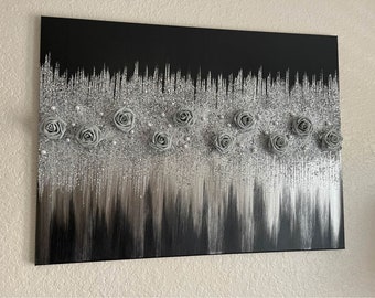 Black Silver and Gray Rose, Glam Glass Painting, Silver and Black Wall Art, Glam , Flower Painting, Black Abstract, Glitter Pearl Painting