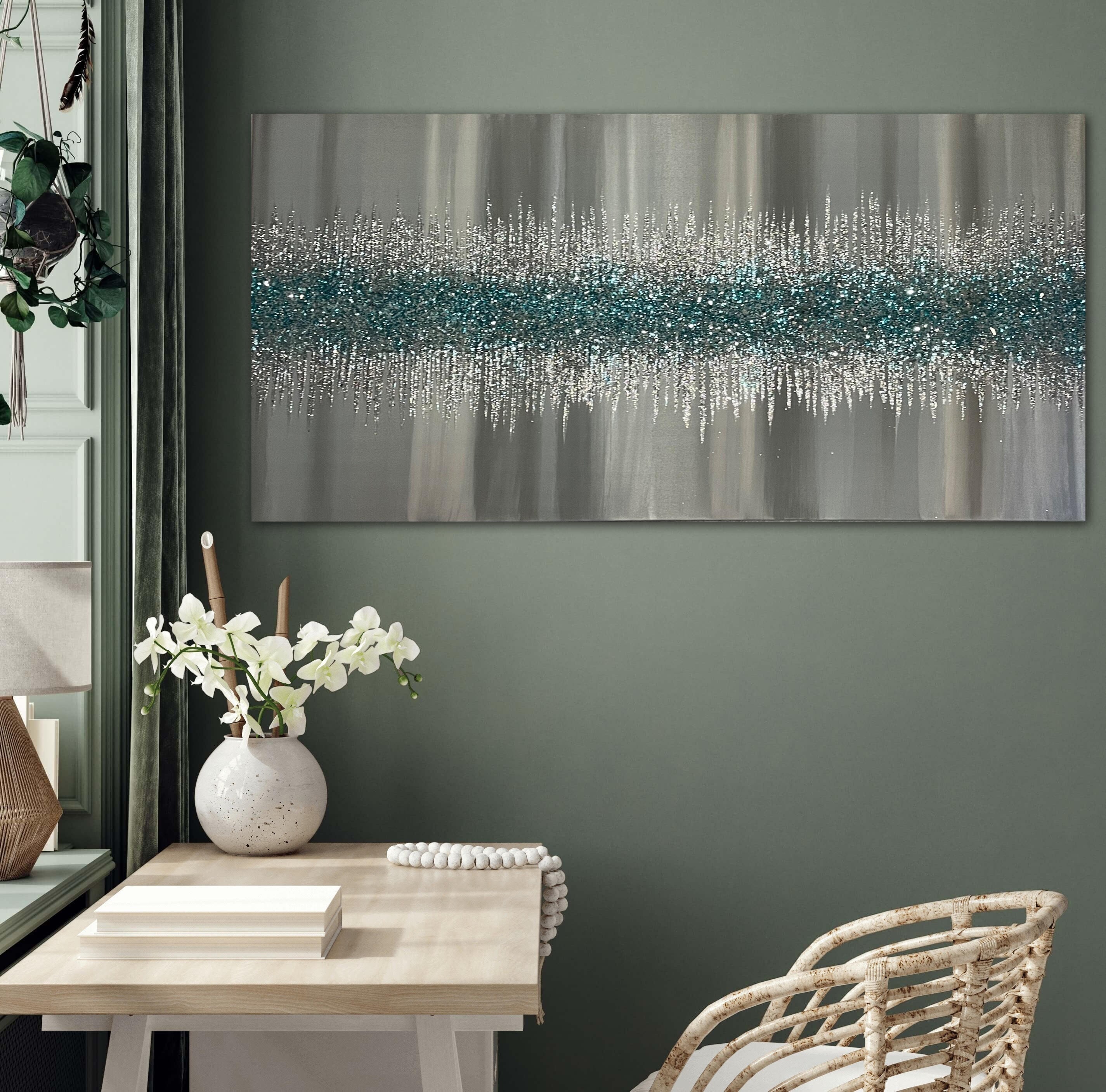 Turquoise & Silver Glitter Glass Painting: Glam Art Decor (24x48)