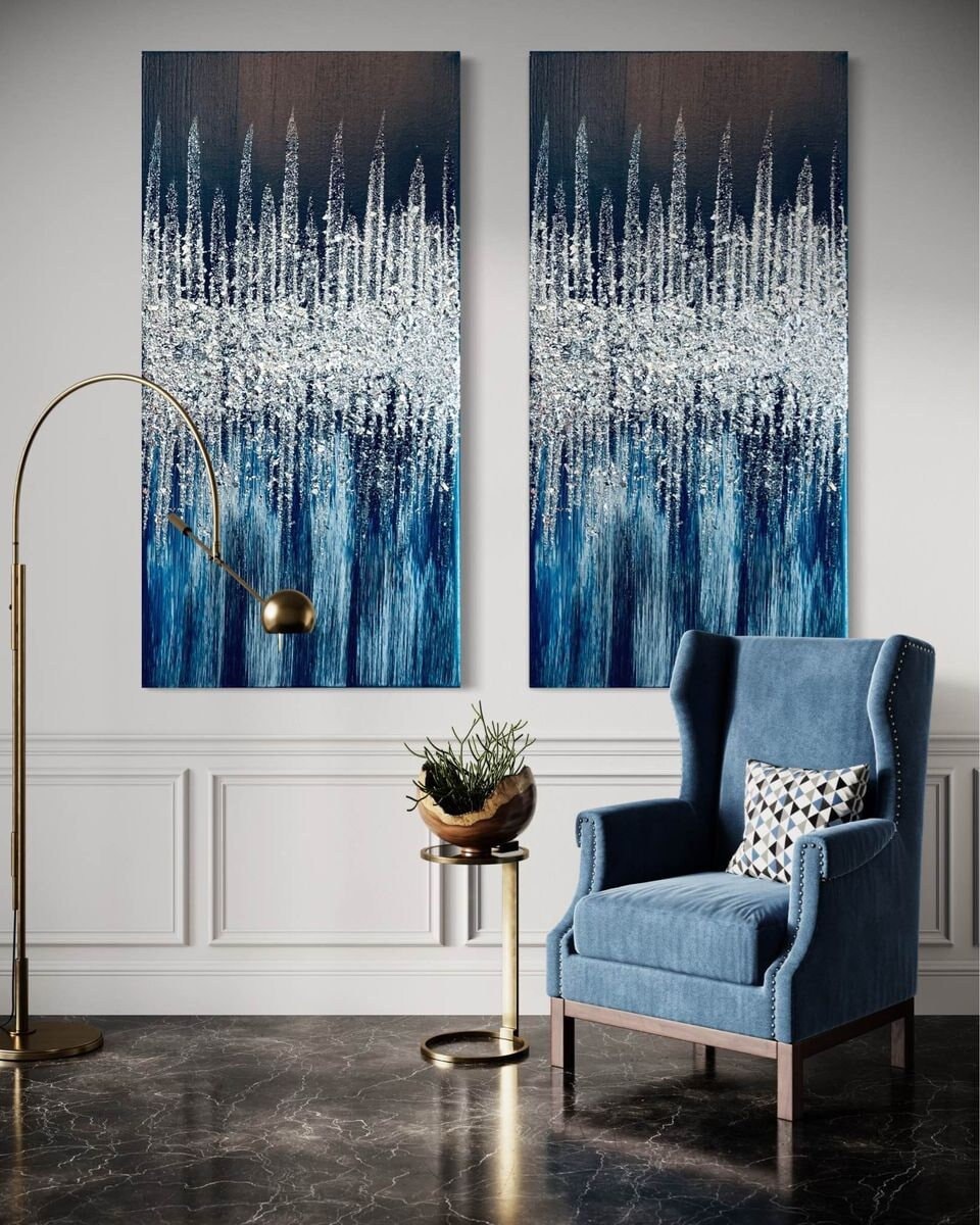 Indigo & Silver Glitter Painting Set: Glam Abstract Wall Art