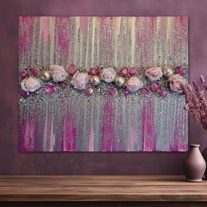 Pink Crystal Quartz Rose Painting, Glitter Glass Art, Pink Rose Painting, Flower Crystals Wall Art, Pretty Pink Decor, Glass Art, Crystals