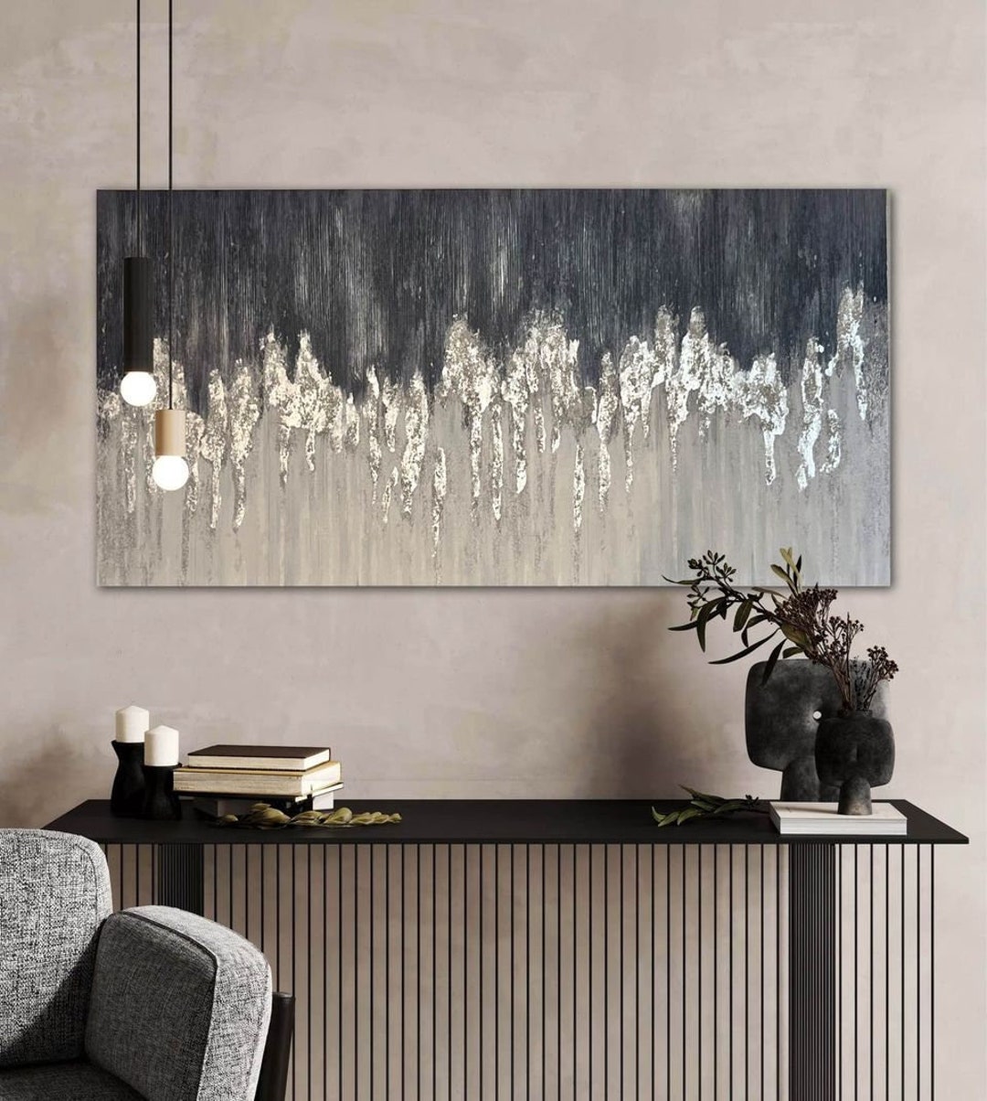 READY TO SHIP!!! Muted Blue Gray & Silver Texture Painting, Blue and ...