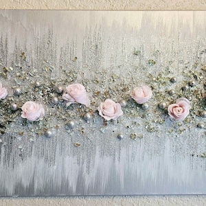 Pink Roses Glitter Glass Painting, Glam Silver Glass Wall Decor, White Silver Glitter Glass Art, White Silver Sparkly Bling Hanging