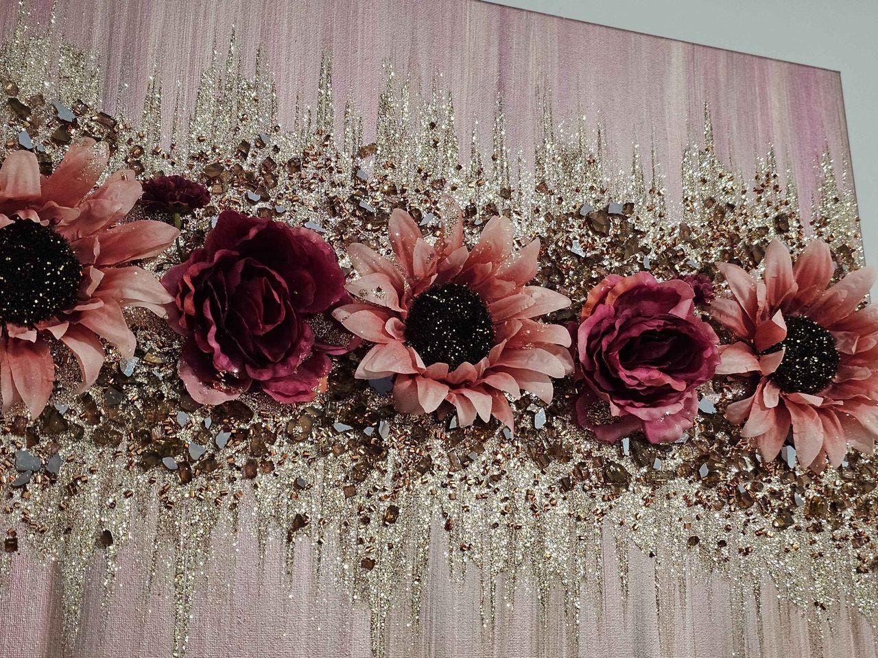 Rose Gold Sunflower Gold Glass Glam, Sunflower Glamour Painting, Boho