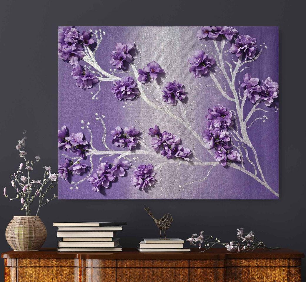 Whimsical Lilac Floral Tree Painting, Glitter Flower Painting, Purple