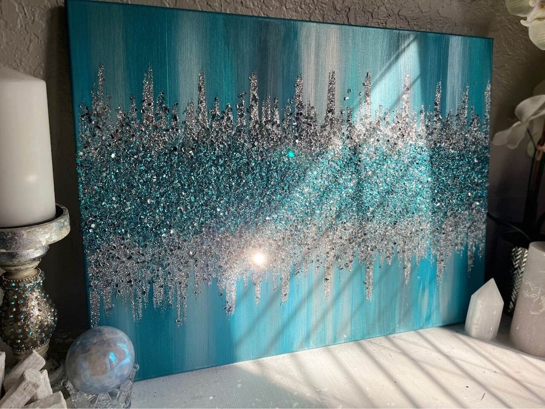 Turquoise & Teal Silver Glitter and Glass Painting, Glitter Painting