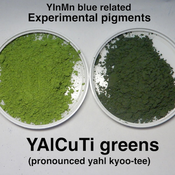 YAlCuTi light and dark green pigment, YInMn blue related experimental pigments, ball milled powder