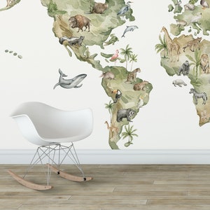 Aquarell Weltkarte mit Tieren Tapete, Wandbild Tapete, Wandbild KinderTapete, Weltkarte Tapete, Aquarell Weltkarte Wallpaper