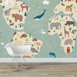Watercolor World Map With Animals Wallpaper, Mural Wallpaper, Mural Kids Wallpaper, World Map Wallpaper, Watercolor World Map Wallpaper