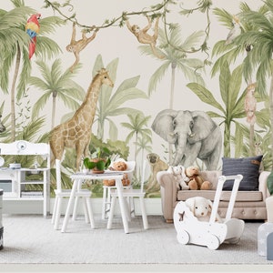 Tropisch mit Tieren, KinderTapete, Wandbild Tapete, Wandbild KinderTapete, Weltkarte Tapete, Aquarell Weltkarte Wallpaper