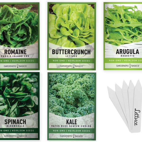 Lettuce and Greens Heirloom Seed Starter Kit Non-GMO Seeds for Planting 5 Variety Pack - Buttercrunch, Romaine, Arugula, Kale, and Spinach