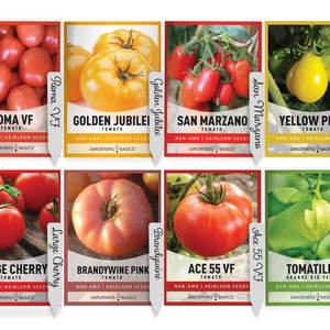 Tomato Seeds For Planting 8 Pack - Roma VF, Golden Jubillee, San Marzano, Large Cherry, Yellow Pear, Brandywine Pink, Ace 55 VF, Tomatillo