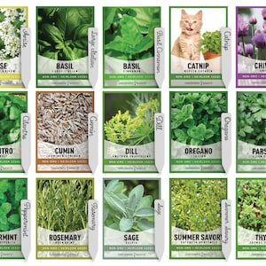 Herb Seeds 15 Pack Heirloom, Non-GMO Seeds - Basil, Catnip, Chive, Cilantro, Thyme, Oregano, Parsley, Sage, Peppermint, Rosemary, and More