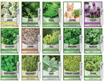 May include: A collection of seed packets featuring various herbs and spices, including basil, parsley, and thyme. Each packet displays the herb's name, a picture, and the words "NON-GMO HEIRLOOM SEEDS" and "GARDENERS BASICS". The image includes a catnip packet with a cat.