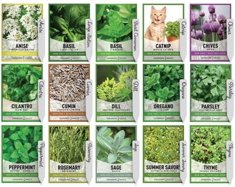 Herb Seeds 15 Pack Heirloom, Non-GMO Seeds - Basil, Catnip, Chive, Cilantro, Thyme, Oregano, Parsley, Sage, Peppermint, Rosemary, and More