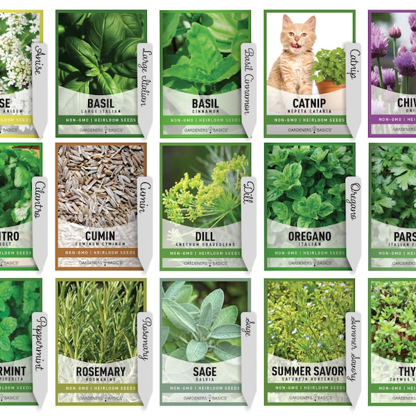 Heirloom Herb Seeds 15-Pack, Non-GMO, USA Sourced