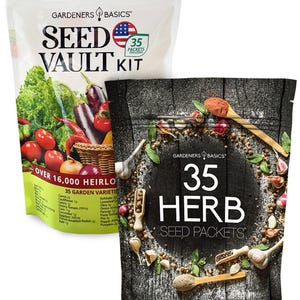 May include: Two white bags of seeds. The larger bag has a red, white, and blue American flag and the text "GARDENERS BASICS SEED VAULT KIT 35 PACKETS INCLUDED OVER 16,000 HEIRLOOM 35 GARDEN VARIETIES". The smaller bag has the text "GARDENERS BASICS 35 HERB SEED PACKETS".