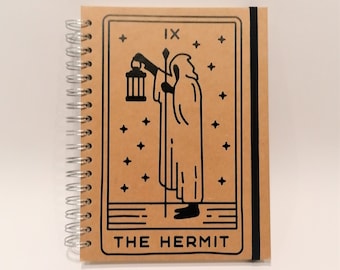 The Hermit, Medium sized notebook with extra pockets plain paper squared lined tarot book witchy occult school uni teacher work notes pad