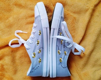 Busy Bee Shoes - Embroidery on Canvas shoes bee insect natural embroidery small gift trainers sneakers cute cottegecore outfit bees converse