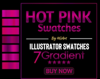 Op de afbeelding: Heet roze gradiënt swatches voor Adobe Illustrator. 7 gradiënt swatches met een 5-sterren beoordeling.  Koop nu knop.