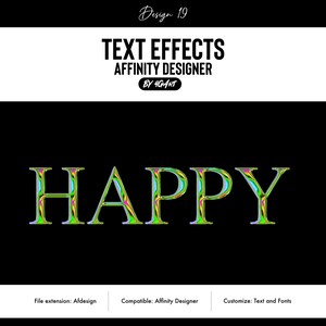 May include: Text effect design for Affinity Designer software. The word "HAPPY" is displayed in a colourful, swirling, and textured font style.