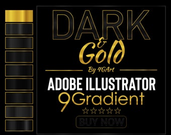 Op de afbeelding: Een zwart en gouden grafisch ontwerp voor Adobe Illustrator-verlopen. Het ontwerp bevat de tekst "DARK & Gold" in gouden letters met een zwarte omtrek. De tekst "By 4GArt" staat onder de hoofdtekst. De tekst "ADOBE ILLUSTRATOR 9 Gradient" staat onder de naam van de kunstenaar. Vijf gouden sterren staan onder de verlooptekst. Een gouden knop met de tekst "NU KOPEN" staat onderaan het ontwerp.