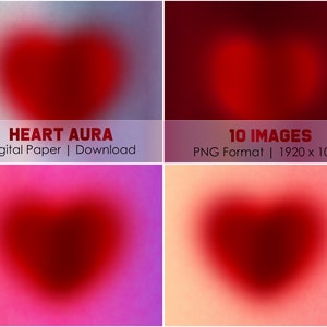 Puede incluir: Un conjunto de 10 fondos de papel digital con una forma de corazón borrosa en varios tonos de rojo, rosa y naranja. El texto "HEART AURA" y "Digital Paper | Download" se muestra en la imagen superior izquierda. El texto "10 IMAGES" y "PNG Format | 1920 x 1080" se muestra en la imagen superior derecha.