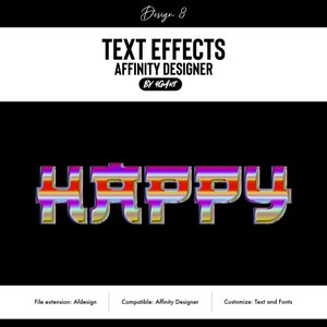 May include: Text effect design for Affinity Designer, showing the word "HAPPY" in a colourful, layered, and slightly distorted style.
