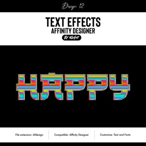 May include: Text effect design for Affinity Designer, showing the word "HAPPY" in a colourful striped style with a 3D effect.