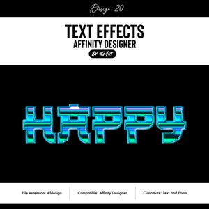 May include: Text effect design for Affinity Designer, showing the word "HAPPY" in a blue, green, and purple colour scheme with a glitched, pixelated effect.