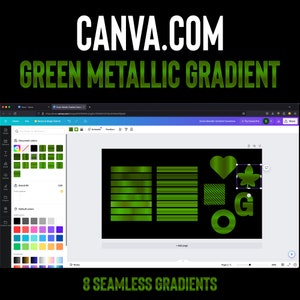 Può includere: Uno schermo di Canva.com che mostra otto campioni di sfumatura verde metallica senza cuciture. I campioni sono a forma di quadrati, rettangoli, cuori e foglie. Il testo "8 SFUMATURE SENZA CUCITURE" è nella parte inferiore dello schermo.