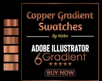 Op de afbeelding: Een set van zes koperen gradiëntkleuren voor Adobe Illustrator. De kleuren zijn verticaal in een kolom gerangschikt en hebben een metallic glans. De tekst "Copper Gradient Swatches" wordt weergegeven in een koperkleurig lettertype met een metallic glans. De tekst "By 4GArt" wordt weergegeven in een kleiner koperkleurig lettertype. De tekst "Adobe Illustrator 6 Gradient" wordt weergegeven in een koperkleurig lettertype met een metallic glans. De tekst "Buy Now" wordt weergegeven op een koperkleurige knop.
