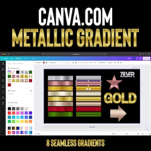 Puede incluir: Captura de pantalla de un diseño de Canva.com que muestra 8 muestras de degradado metálico sin costuras en plata, oro rosa, oro y rojo. El texto "Zilver" y "Gold" se muestra en una fuente metálica.