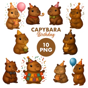 Capybara – Birthday Capybara Clipart – 10 Cute Party Capybaras PNG – Transparent Background