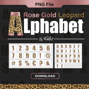 Può includere: Lettere e numeri dell'alfabeto in oro rosa con stampa leopardata e contorno rosa. Le lettere e i numeri sono su uno sfondo bianco. L'immagine include anche simboli come la chiocciola, la sterlina, il dollaro, la percentuale, l'euro, il punto interrogativo e l'ampersand.