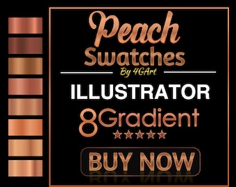 Op de afbeelding: Een set van 8 perzikkleurige gradiëntkleuren voor Adobe Illustrator. De kleuren worden in een verticale kolom aan de linkerkant van de afbeelding weergegeven. De tekst "Peach Swatches" wordt in een groot, gestileerd lettertype bovenaan de afbeelding weergegeven. De tekst "Illustrator 8 Gradient" wordt onder de kleuren weergegeven. De tekst "NU KOPEN" wordt in een knop onderaan de afbeelding weergegeven.