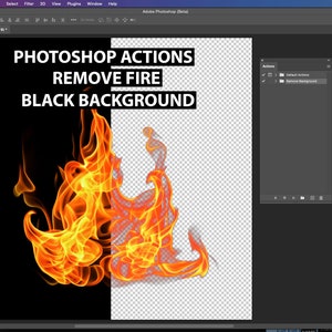 May include: Photoshop actions to remove fire from a black background. The image shows a fiery orange and yellow flame on a black background with a transparent background on the right side of the image.