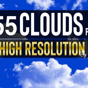 Puede incluir: Gráfico digital con cielo azul y nubes blancas. El texto "55 CLOUDS PNG ALTA RESOLUCIÓN" se muestra en letras blancas y doradas sobre un fondo azul oscuro. La imagen es de 4GArt.