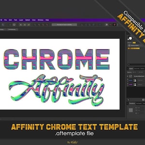 Può includere: Un modello di progettazione digitale per Affinity Designer 2, con il testo "CHROME" e "Affinity" in uno stile cromato colorato. Il modello è compatibile con Affinity Designer 2 ed è disponibile come file .aftemplate.