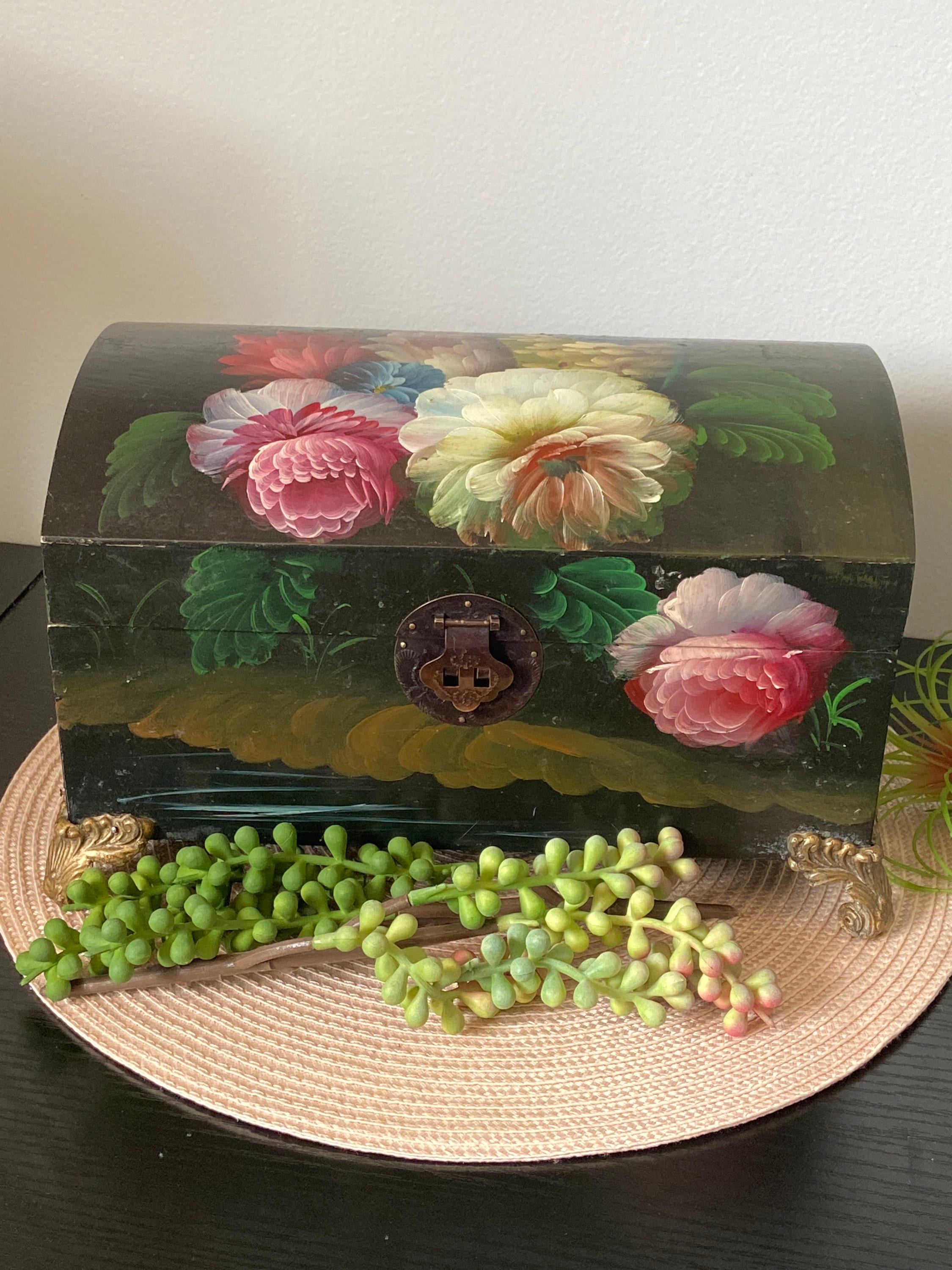 Floral painted craft storage box - vintage decorative storage