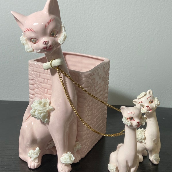 Vintage Rubens Originals Japan spaghetti cat planter with 2 kittens- pale pink-rhinestone eyes