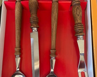 vintage wood handled stainless steel serving set with hanging rack in original box
