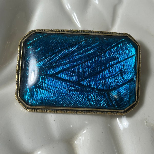 Antique 10 k blue morpho butterfly wing brooch marked Czechoslovakia- art deco