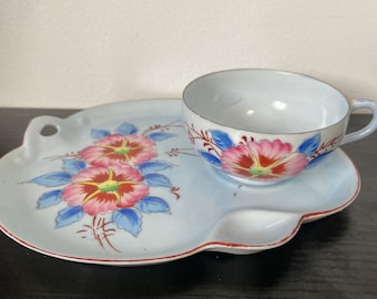 Vintage hand painted Japan porcelain cup and saucer snack set