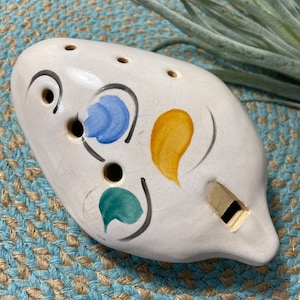 Vintage hand painted 6 hole clay ocarina- wind instrument- whistle