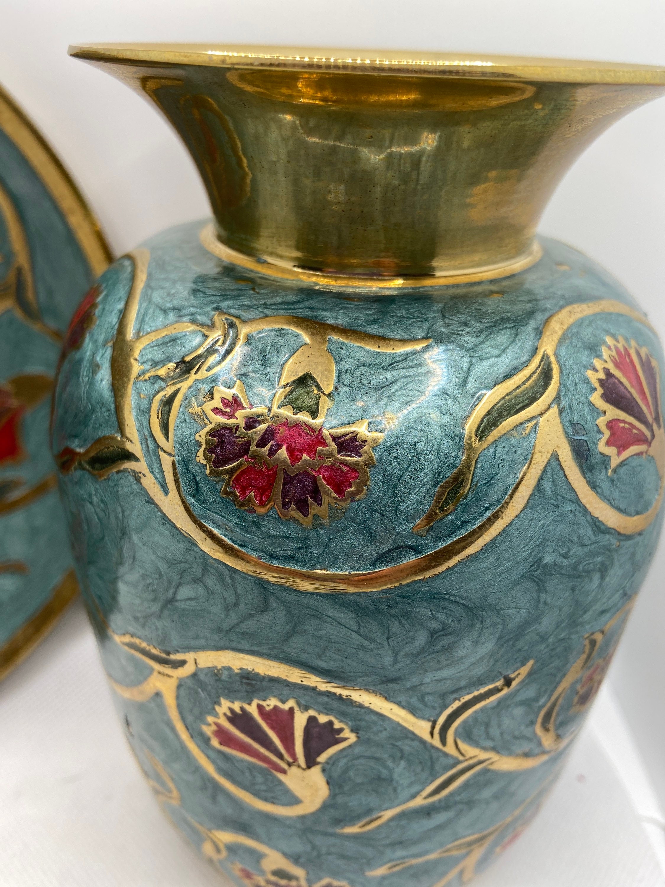 Vintage brass and enamel vase with matching plate Etsy